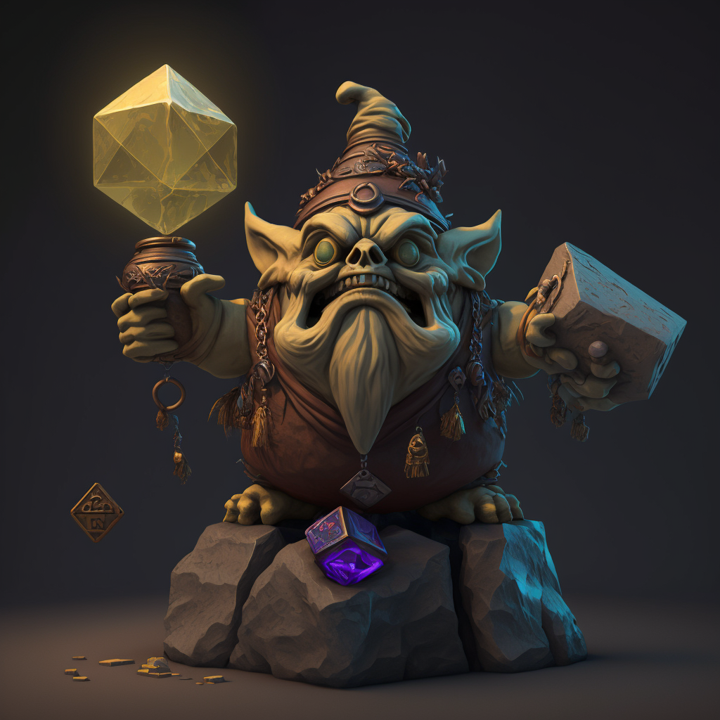 a stocky, bearded gnome-like creature standing on a rock, wearing a pointy hat, and holding something like a hammer and a cloating yellow crystal